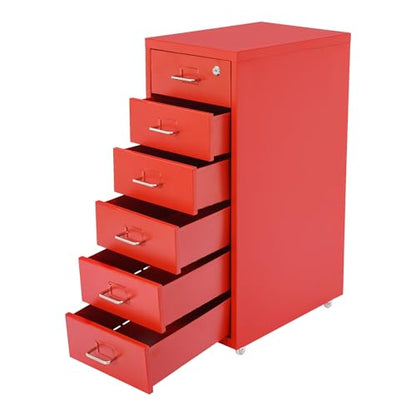 OUKANING 6 Drawer Vertical File Cabinet, Red Metal Office Storage Cabinet with Wheels, Movable Under Desk Cabinets, Freestanding Organizer for Home Office, 11x16x27in, Assembly Required - color: Red