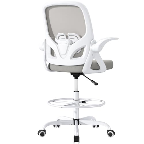 ORRSAKER Drafting Chair, Tall Office Chair with Flip-up Arms, Mesh Ergonomic Computer Standing Desk Chair with Adjustable Height Foot Ring and Lumbar Support, 300 LBS Capacity, Gray - color: Grey