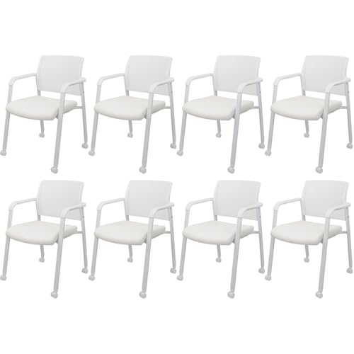 CLATINA Mesh Back Stacking Guest Chairs, Stackable Waiting Room Arm Chair with Wheels & Leather Upholstered for Office Reception Hospital Lobby School Conference Medical Meeting Church, White 8PK - size: 8 Pack