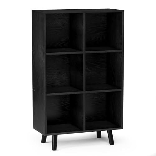 6-Cube Open Shelf Bookcase - 3-Tier Wooden Floor-Standing Bookshelf with Legs and Backpanel, Ideal for 11-inch Fabric Storage Bins and Miscellaneous Organizer, Black - color: Black, size: 6-Cube