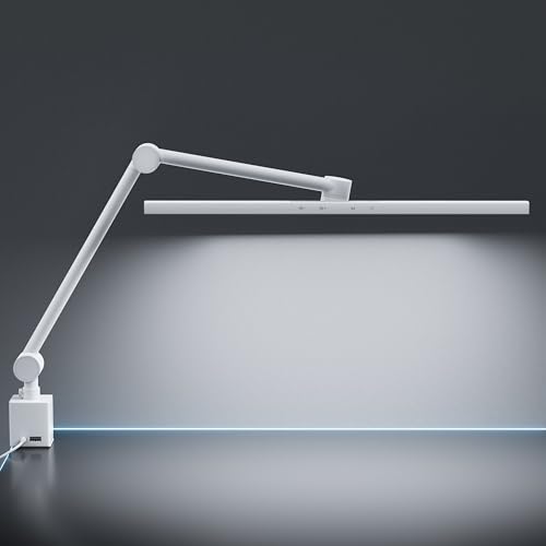 deeloop Dual Arm Desk Lamp with Clamp, CRI95+ Asymmetric LED Light wiht USB | Professional workspace lighting with flexible positioning, accurate colors for detailed tasks, and reduced glare for screens - color: White