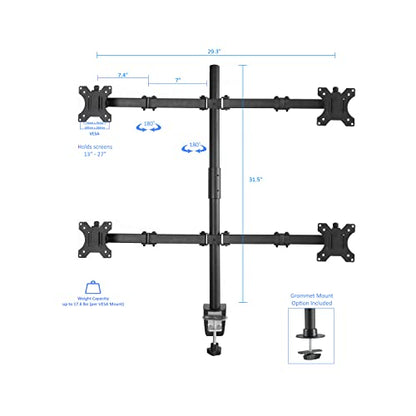 Rocelco Premium Quad Monitor Desk Mount - Standard Pattern Fits Four 13" - 27" LED LCD Flat Computer Screen - Double Articulated Full Motion Adjustable Arms - Grommet and C Clamp - Black (R DM4) - style: 4 Monitor