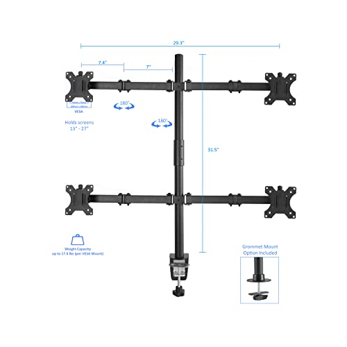 Rocelco Premium Quad Monitor Desk Mount - Standard Pattern Fits Four 13" - 27" LED LCD Flat Computer Screen - Double Articulated Full Motion Adjustable Arms - Grommet and C Clamp - Black (R DM4) - style: 4 Monitor