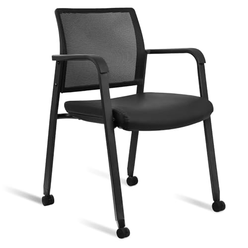 CLATINA Mesh Back Guest Reception Stacking Chair with Wheels, Waiting Room Stackable Chairs with Upholstered Leather Seat & Ergonomic Lumbar Support for Office Conference School Study Lobby, Black - color: Black_leather_wheels, size: 1pack