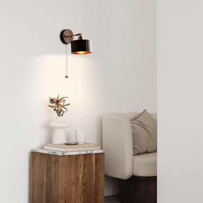 Wood Wall Sconce with Pull Chain Adjustable Swing Arm Natural Or Walnut Wood Cylinder Shade Brass Accent Wall Lamp for Bedroom Living Room Hallway Reading Nook(Walnut) - color: Walnut