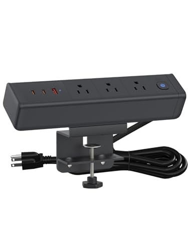 Desk Clamp Power Strip 65W USB-C Fast Charging 3 AC Outlet for Home&Office | Nightstand Edge Mount Charging Station,6 FT flat plug Power Cord,Black - color: Black