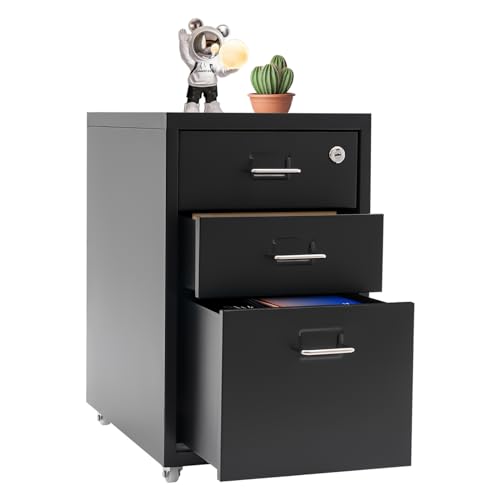3 Drawers File Cabinet Locking Vertical File Cabinet Under Desk Small File Cabinet with Wheels for Home Office (Black) - color: Black