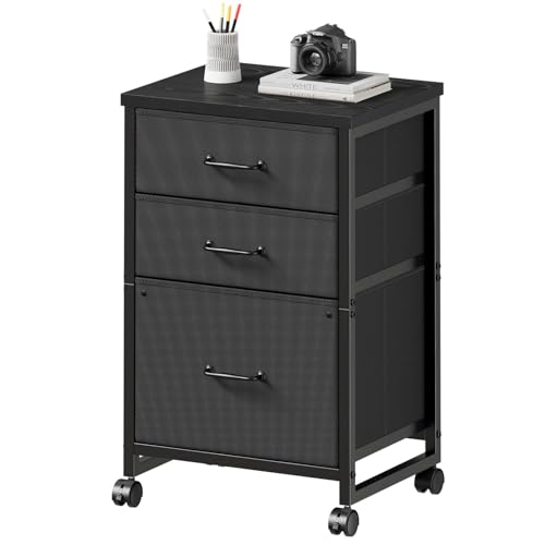 Maihail 3 Drawer File Cabinet with Wheels with Open Storage Shelf, Black | Rolling Printer Stand Fabric Lateral Filing Cabinet for Home Office - color: Black