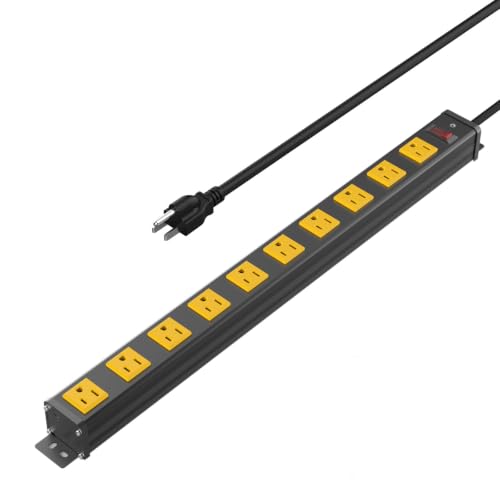 10 Outlets Long Metal Power Strip, 6FT 14AWG Cord | Wall Mount, 1.97 In Wide Spacing, Aluminum Housing, 15A/1875W, Surge Protection, ETL Listed for Garage, Workshop, Classroom - size: 10 Outlet
