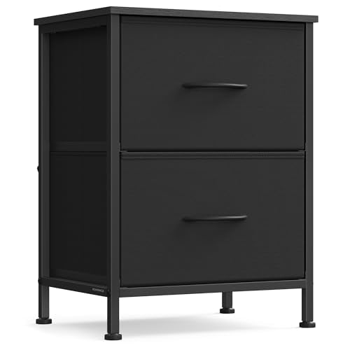 SONGMICS Nightstand with 2 Fabric Drawers, Bedside Table, Side End Table - color: Ink Black + Ebony Black, size: 1 Pack