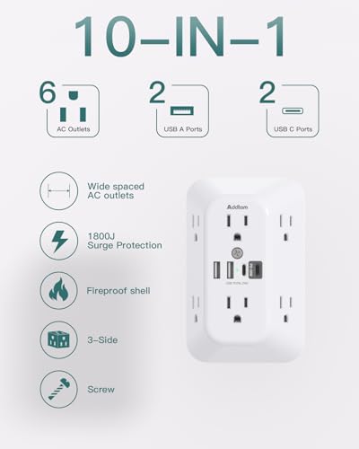 Addtam Surge Protector Outlet Extender, 6-Outlet Splitter with 4 USB Wall Charger(PD 20W), Multi Plug Wall Outlet 1800J Power Strip for Home Office Dorm Room Essentials, White - color: White 1PCS, size: PD 20W