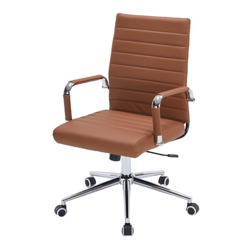 Brown Leather Ribbed Office Mid-Back Desk Conference Chair with Wheels | Ergonomic Mid-Back Executive Chairs with Wheels Adjustable Swivel Computer Task Desk Chair with Arms and Thick Padded Seat - color: Brown, size: Mid Back