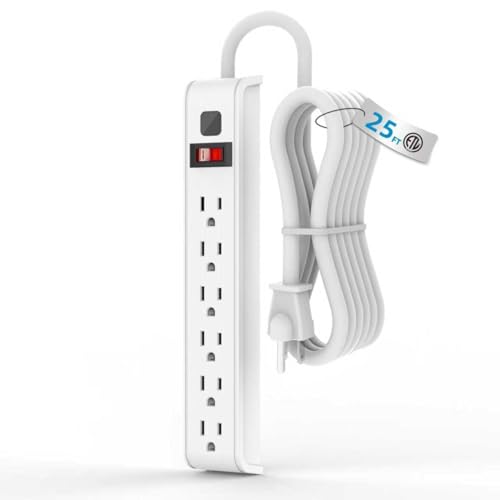 TiFFCOFiO Surge Protector Power Strip, 25 Feet Extension Cord, 600 Joules Surge Protection, Multiple Protection 6 Outlet Strip, 14 AWG Cord, 15A/1875W, ETL Listed - size: 25 ft, style: 1 PACK