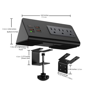 Power Charge Station Edge clamp Mount 15A 1875W with USB-C portsTabletop Surge Protector Desk Clamp Power Sockets with 3 AC Outlets and 4 Fast Charging USB Ports PD 30W Fast Charging