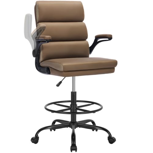 amseatec Drafting Chair, Tall Office Chair with Footrest for Standing Desk | 3-zone backrest and dual-layer cushion add comfort; 90° flip-up armrests plus adjustable foot ring fit counter-height tables - color: Tan