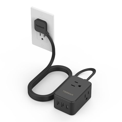 TESSAN Small Flat Plug Power Strip, Ultra Thin Extension Cord 5 ft, Black | 3 AC Outlets with 3 USB Ports (1 USB C), Wall Outlet Extender, NO Surge Protection, for Cruise Travel Dorm Room Essentials - color: Black, size: 5 FT (3 USB Ports)