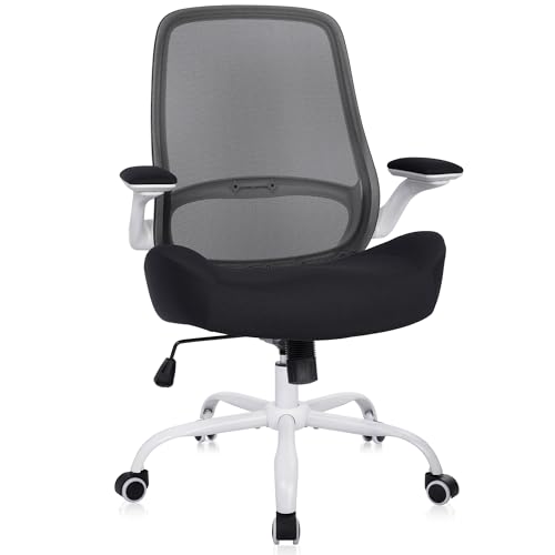 Office Chair Ergonomic Chair with Flip up Armrests, 5" Thickened Seat Computer Chair with Breathable Mesh Back Home Office Computer Chairs for Long Hours Mesh Office Chair(White Base&Black) - color: White&black