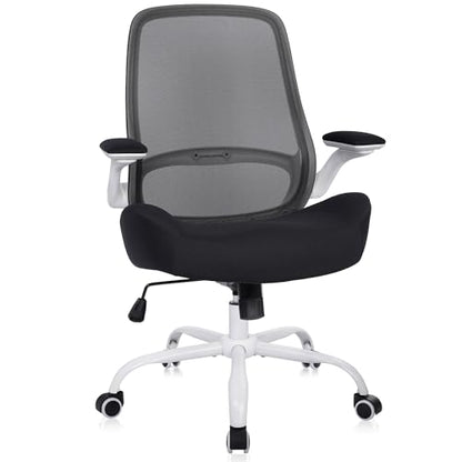 Office Chair Ergonomic Chair with Flip up Armrests, 5" Thickened Seat Computer Chair with Breathable Mesh Back Home Office Computer Chairs for Long Hours Mesh Office Chair(White Base&Black) - color: White&black