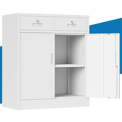 Metal Storage Cabinet, 36" Locking Cabinet with Doors and Adjustable Shelves for Garage, Office (White, 2 Drawers) - color: White, size: 36"H×32"W×16"D-2Drawer