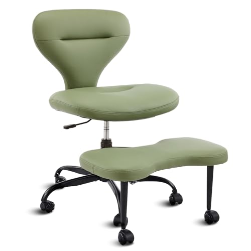 YFO Ergonomic Cross Legged Office Chair and ADHD Meditation Chair with Silent Wheels for Home Office Desk Chair and Yoga, Wider Backrest Support and Storage Pockets Design, PU Leather, Green - color: Pu-green
