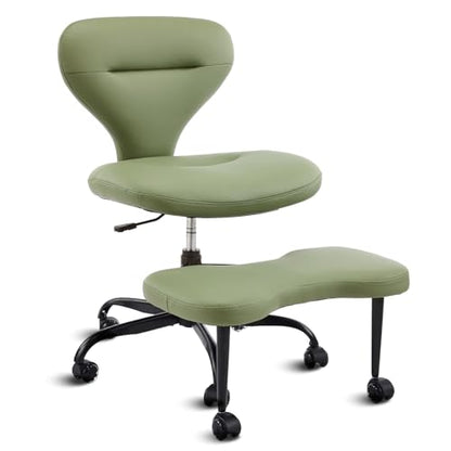 YFO Ergonomic Cross Legged Office Chair and ADHD Meditation Chair with Silent Wheels for Home Office Desk Chair and Yoga, Wider Backrest Support and Storage Pockets Design, PU Leather, Green - color: Pu-green