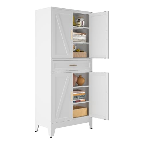 Bevivog 71" Kitchen Pantry Cabinet, Metal Storage Cabinet with Drawer, 2 Doors and 4 Adjustable Shelves Cabinet for Home Office Laundry Living Room Farmhouse White Metal Pantry - color: White, size: 71"H-Middle Drawer