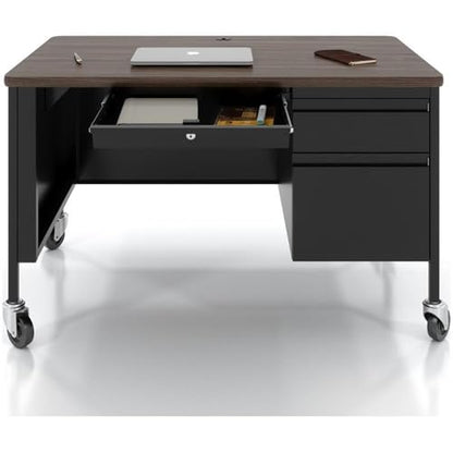 Hirsh 30x48 Mobile Right Hand Single Pedestal Metal Desk T-Mold Top Black/Walnut