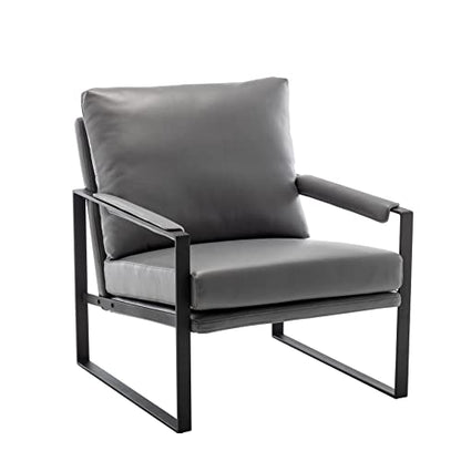 Modern Faux Leather Accent Chair, Upholstered Armchair with Metal Frame, Thick Seat Cushion and Oversized Back Pillow, Easy-Clean Lounge Chair for Living Room, Bedroom, Office and Reception - color: Dark Grey