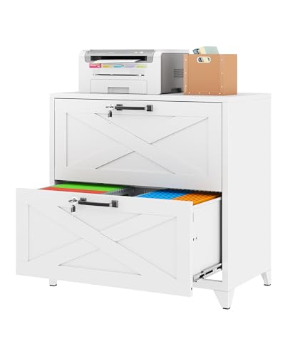 Farmhouse File Cabinet with Lock, Lateral File Cabinet with 2 Large Drawer for Letter/Legal/A4 Hanging Files,File Storage Cabinets Printer Stand for Home Office School, White - color: White, size: 27.8"H x 28.35"W x 15.75"D