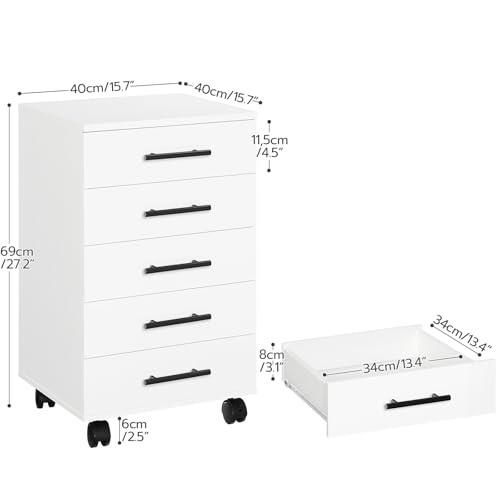 HOOBRO 5-Drawer File Cabinet, Office Filing Cabinet with Drawers, Wooden Mobile Storage Cabinet with Wheels, for Makeup, Home Office, Easy Assembly, White WT05WJ01G1 - color: White