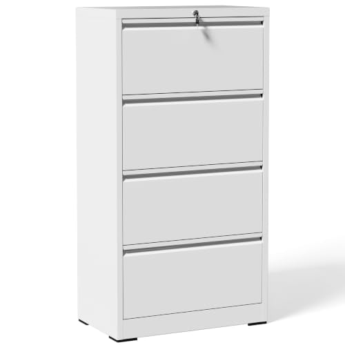 4 Drawer Lateral File Cabinet with Lock,White Metal Filing Cabinet - color: White, size: 26.8"W-4 drawers