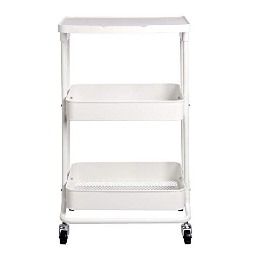 Amazon Basics 2-Tier Rolling Metal Utility Cart with Shelf, Portable Multi-Functional Storage, White