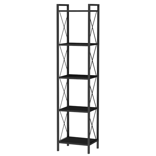 Homhedy 5 Tier Small Bookshelf, Tall Narrow Bookcase, Metal Book Shelf | Industrial Style for Small Spaces, Home, Office, Living Room, Kitchen, Bedroom , 10.4" D x 13" W x 55.1" H, Black - color: Black, size: 10.4"D x 13"W x 55.1"H