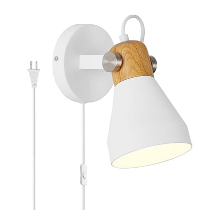Modern Plug-in Wall Sconces, Matte White | Adjustable Reading Light, Natural Wood Accent, For Bedroom, Living Room, Home Office - color: Matte White+Wood Accent