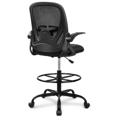 Primy Drafting Chair Tall Office Chair with Flip-up Armrests Executive Ergonomic Computer Standing Desk Chair with Lumbar Support and Adjustable Footrest Ring (Black) - color: Black, size: 934-Z
