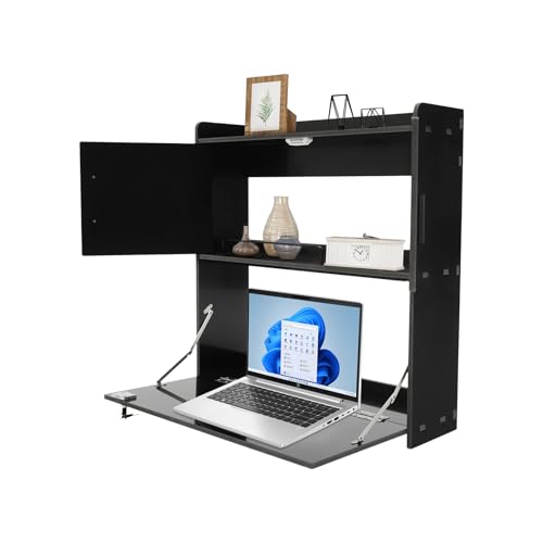 Wall-Mounted Desk Cabinet, 2-Tier Wall-Mounted Folding Table Cabinet, 22.83 * 7.87 * 23.62in Multifunctional Fold-Down Laptop Table with Lockable Storage (Black)