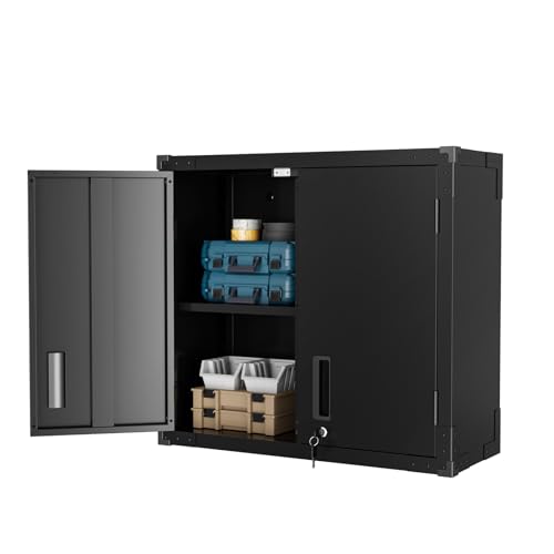 VINGLI Garage Wall Cabinet with Locking Doors and Adjustable Shelf, Metal Wall Cabinet, Floating Upper Storage Cabinet (Black, 30''W x 12''D x 28''H) - color: Black, size: 28'' Wall Cabinet (2-Door & 2-Shelf)