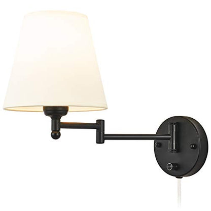 Swing Arm Wall Lamp Plug in Wall Mount Opaque Ivory Linen Shade 40W 2-Way Cord Covers(1 Light)