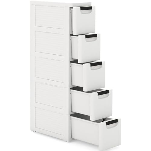 This Slim Bathroom Floor Cabinet with 5 Drawers and Wheels Mobile Narrow Storage Unit for Living Room Kitchen Bathroom Office - size: 1.37x0.62x2.95 ft(5 Drawer)