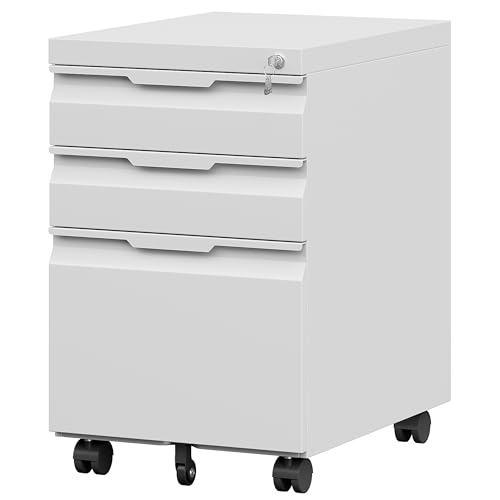 Mobile File Cabinet with Lock,3 Drawer Under Desk Metal Rolling Filing Cabinets for Home Office Organizer A4/Letter/Legal,Easy Assembly,White - color: White, size: 3 Drawer-Mobile