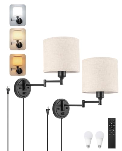 Plug in Wall Sconces with Remote Control, Dimming 10%-100% & Adjustable Colors 2700K-6500K, Hardwire or Plug-in, Swing Arm Wall Lamp with Linen Fabric Shade, Wall Sconces Set of Two, Black Finish - color: Linen(Bulbs+Remote)