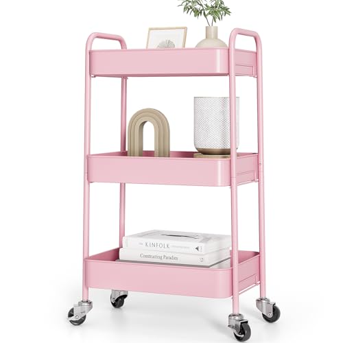 TOOLF 3 Tier Metal Rolling Cart, Utility Storage Cart with Wheels, Pink | Screwless Assembly, Lockable Metal Wheels, Trolley Organizer for Bathroom, Kitchen, Office, Dorm, Laundry, Craft Room - color: Pink, size: 3-Tier