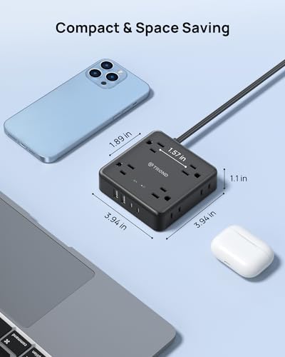 TROND 360° Rotating Flat Plug Power Strip 10ft, 8 AC & 4 USB (2U2C), Black - color: Black, size: 10FT, style: Rotating Plug-2U2C