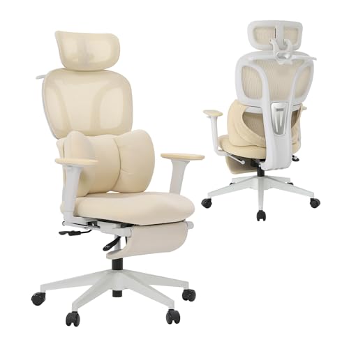 CabLady S1 High Back Ergonomic Mesh Office Chair with Footrest, 300 lbs | 115° Recline Lock, Adjust Seat Depth, 2D Arms, 3D Headrest, Detachable Lumbar Support, Breathable Mesh, BIFMA, Cream - color: Butterfly Cream