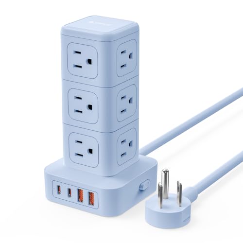 ORICO Power Strip Tower with Multiple Outlets, Tower Extension Cord | with 12 AC Outlets 4 USB Ports (2 USB C), Space Saving Design, 5FT Cord Power Tower for Home, Office, Dorm - TPP20 - color: Blue, size: 5FT
