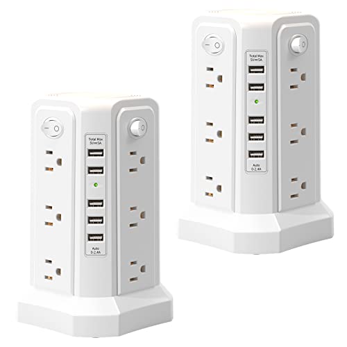 2PC Surge Protector Power Strip Tower with 5 USB Ports and Night Light | 10FT Extension Cord with 12 AC Multiple Outlets, PASSUS Power Tower, Overload Protection for Home Office Dorm Room White - color: White-2PC