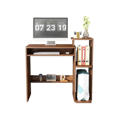 35" Compact Computer Desk with 3-Tier Storage Shelves & Keyboard Tray – Small Study Table for Bedroom or Home Office (Brown) - color: Brown