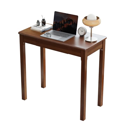 Solid Wood Desk with Drawers - 32 x 16 Inch Vintage Narrow Desks, Mid Century Modern Desks, Rubber Wood Study Table, Small Writing Desk for Bedroom|Small Spaces - Walnut Color - color: Walnut, size: 31.5 in W x 15.7 in D
