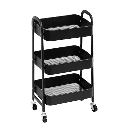 AGTEK Makeup Cart, Movable Rolling Organizer Cart, Black 3 Tier Metal Utility Cart - color: Black