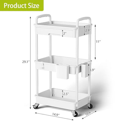 Sorgion 3 Tier Rolling Cart Organizer,Laundry Room Bathroom Organizers and Storage Office Shelves Mobile Shelving Unit Kitchen Trolley Cart with Wheels for Art,Craft,Diaper,Bedside,Snack(White) - size: 3Tier-White